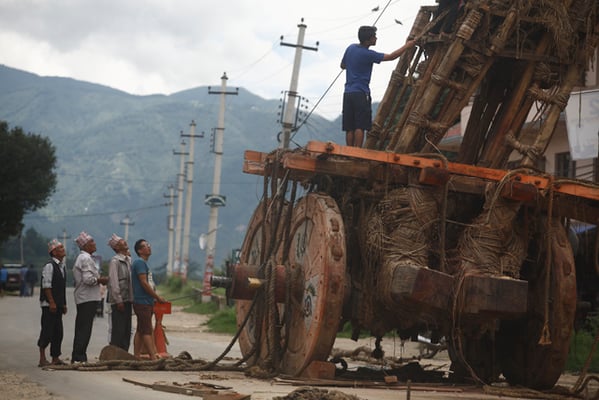The chariot of Rato Machhindranath being dismantled at Chyasikot on Tuesday.