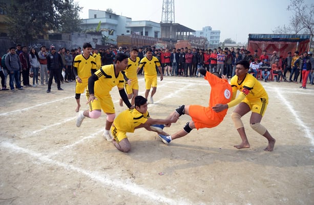 Players of Kadambari Secondary School and Kangchenjunga Secondary School compete in a kabaddi competition in Birgunj on Monday.