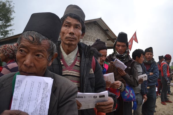 Earthquake survivors from Yarsa village of Rasuwa district queue up for cash vouchers distributed by European Commission's Humanitarian and Civil Protection Department and the ACT alliance this week. Aid agencies are now distributing cash vouchers so that earthquake survivors can buy warm clothes as per their specific needs.