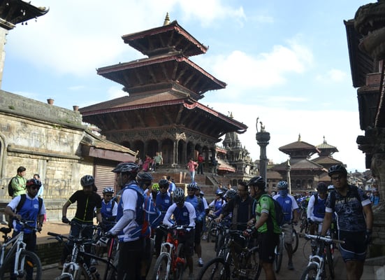PUSHING PEDALS: Participants of Kathmandu Kora Cycling Challenge at Patan Durbar Square on Saturday. The challenge will collect funds to construct a birthing center in Baitadi.