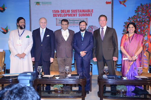 Laurent Fabius, Minister of Foreign Affairs and International Development, France and Arnold Schwarzenegger, Founding Chair,R20-Regions of Climate Change on the opening day of Delhi Sustainable Development Summit 2015, in New Delhi on Thursday