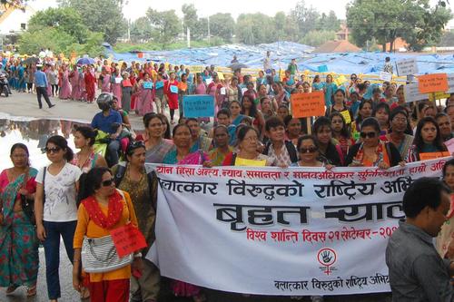 On the occasion of International Day of Peace, participants take part in a rally against rape in Bhadrakali on Sunday.