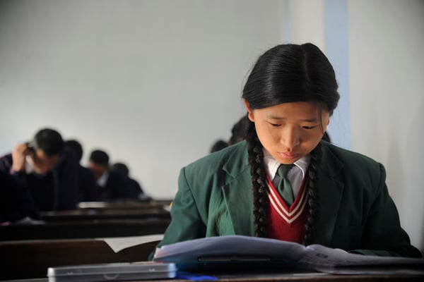A grade 10 student on the first day of the Secondary Education Examination (SEE), previously known as the School Leaving Certificate (SLC), at Madan Smarak Secondary School, Lalitpur on Thursday.