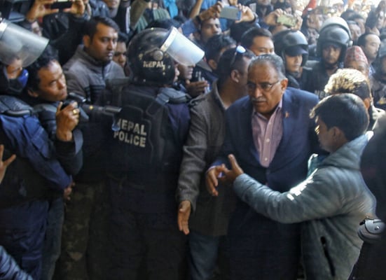 Chairman of CPN Maoist(Center) Pushpa Kamal Dahal arrives at Norvic Hospital, Kathmandu. Dahal's son Prakash Dahal passed away Sunday morning due to heart failure. He was 36.