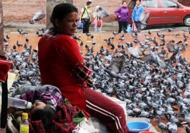 BABY AND BIRDS: A woman sells bird feed at Hanuman Darbar Square.