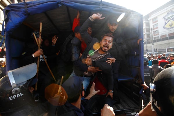 Police detain youth activists who staged a demonstration in Kathmandu on Tuesday against the Supreme Court's interim order against the dismissal of the three board members of the Nepal Electricity Authority. Energy Minister Janardan Sharma had sacked them on the charge of obstructing reforms introduced by the NEA MD Kulman Ghising.