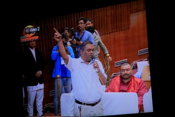 Federal Socialist Madhes Forum leader Upendra Yadav, seen in a big TV screen inside Constituent Assembly (CA), warns of a revolt against the six-province federalism model. After his speech, all Madhesi lawmakers walked out of the CA.