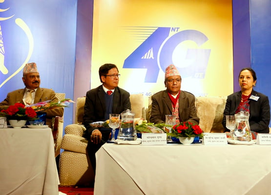 Minister for Information and Communications Surendra Kumar Karki during the launch of Nepal Telecom's 4G service in Kathmandu on Sunday.