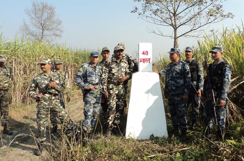 Nepal's Armed Police Force (APF) and India's Seema Suraksha Bal (SSB) prepare for a joint patrolling in the border area of Kanchanpur district on Thursday.