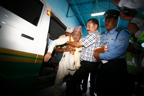 DREAM FLIGHT: 106 year old Bote Rai returns from his first aeroplane ride.Yeti Airlines flew him to Kathmandu after a newspaper covered Bote Rai's desire to get on a plane.