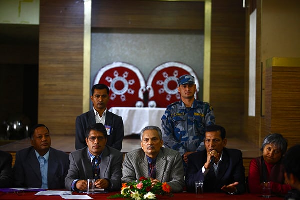 Former Maoist Leader Baburam Bhattarai along with other leaders at a press meet to announce a two-month campaign for the formation of 'Naya Shakti' in Babarmahal on Tuesday.