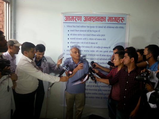 Crusader Govinda KC announces his eighth hunger strike at Tribhuvan University Teaching Hospital, Kathmandu on Sunday demanding impeachment of the Commission for the Investigation of Abuse of Authority (CIAA) Chair Lokman Singh Karki.