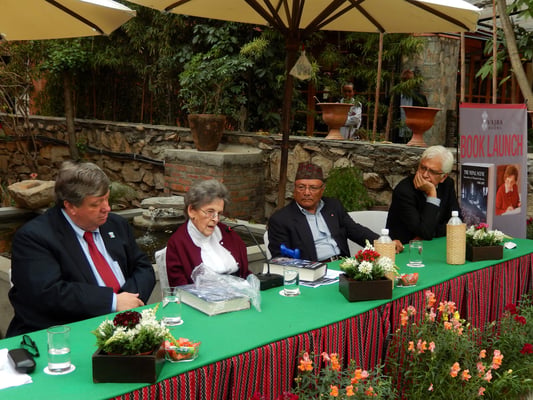 Elizabeth Hawley (second, left) at the launch of her book 'The Nepal Scene: Chronicles of Elizabeth Hawley 1988-2007' at Dwarika's Hotel on Monday.