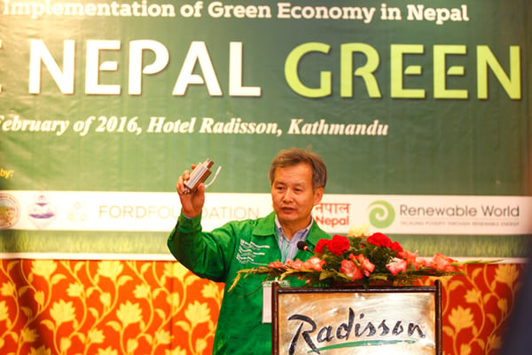 Chinese solar entrepreneur Huang Ming delivers a speech during the 'International Seminar on Promoting the Implementation of Green Economy in Nepal' at Hotel Radisson on Monday. The objective of the seminar was to facilitate sharing of knowledge on components of green economy including organic agriculture and renewable energy.