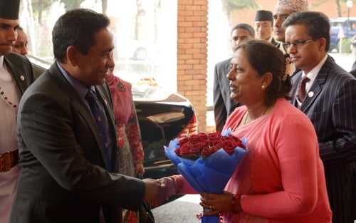 Minister Chitra Lekha Yadav welcomes the President of Maldives Abdulla Yameen at Hotel Soaltee on Tuesday.