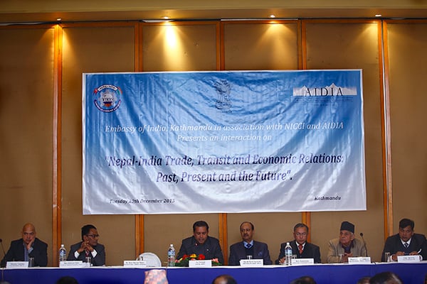 Panelists at the "Interaction on Nepal-India Trade,Transit and Economy: Past, Present and the Future" program organised by the Embassy of India in association with Nepal- India Chamber of Commerce & Industry and Asian Institute of Diplomacy and International Affairs at the Radisson Hotel on Tuesday.