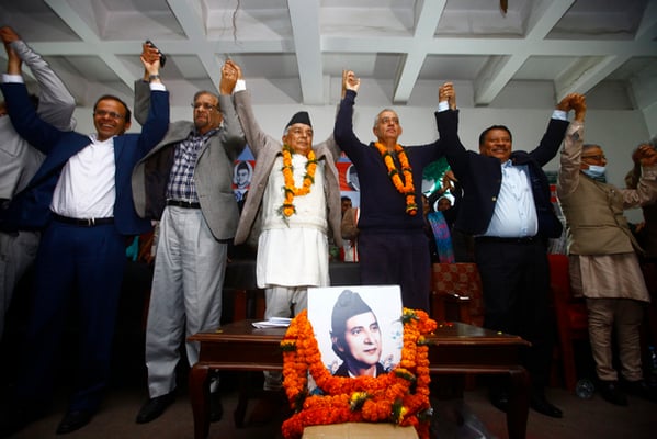Nepali Congress Acting President Ram Chandra Poudel and leader Shashank Koirala announce their candidacies for the posts of party president and general secretary at the party office in Sanepa on Wednesday.