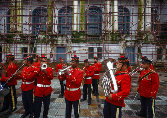 Members of the Nepal Police Brass Band perform during an event marking the 60th anniversary of diplomatic relations between China and Nepal at Basantapur Darbar Square this week.