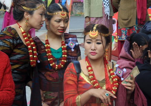 Gurung girls clad in ethnic attire at National Industrial Goods and Tech Fair that kicked off on Wednesday in Bhrikutimandap, Kathmandu.