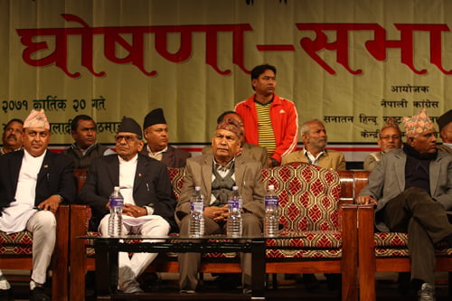 Khum Bahadur Khadka (center) of Nepali Congress attends the launch of a campaign to revive Nepal as a Hindu state on Thursday.