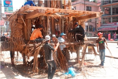 PUSH IT: Men work together to fix the chariot for the upcoming Rato Machhendra festival in Pulchok on Wednesday.