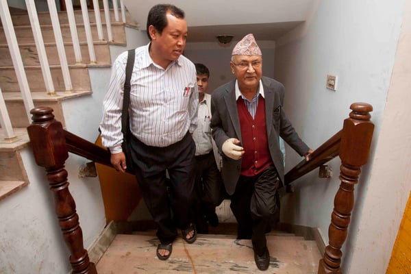 UML Chairman KP Oli arrives for the central committee meeting at the party central office in Balkhu on Thursday.
