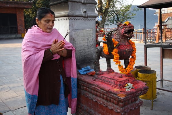 HANDS TOGETHER: A Hindu devotee prays in Bindhaybasini temple, Pokhara on Thursday morning.
