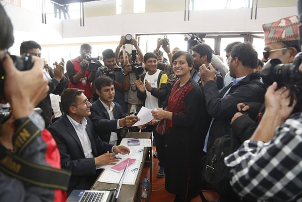 Bibeksheel Nepali's Ranju Darshana registers her candidacy for the post of Kathmandu mayor at National Assembly Hall, Exhibition Road on Tuesday.