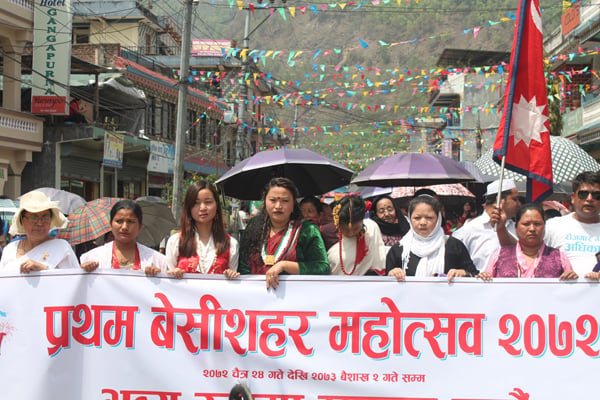 Women take part in a cultural rally on the first day of the first Besi Sahar Festival in Lamjung. The festival, inaugurated by Industry Minister Som Prasad Pandey on Wednesday, will end on 14 April.