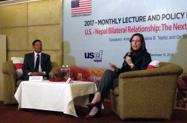 US Ambassador to Nepal Alaina B Teplitz and Nepal’s former ambassador to the US Shankar P. Sharma, answer questions from the audience during the discussion on US-Nepal bilateral relationship: The Next 70 Years and Beyond in Kathmandu on Tuesday.