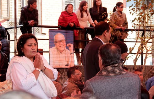 CELEBRATING A LEADER:Anita Kapali welcoming guests on the occasion of the 90th birthday celebration of late Nepali Congress leader Krishna Prasad Bhattarai at Bandegaun ashram on Monday.