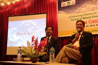 ON YOUR MARKS: Subash Nirola of NTB and Purna Chandra Bhattarai of Ministry of Tourism mark Mt. Everest Diamond Jubilee celebrations, in Kathmandu on Wednesday.