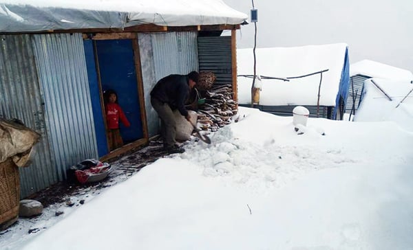An earthquake survivor clears snow with a shovel in the courtyard of his temporary shelter in Barpak village of Gorkha, the epicentre of the April earthquake, on Saturday. Rains, hailstones and snow have made life difficult in Barpak and surrounding villages where thousands of earthquake survivors are still homeless.
