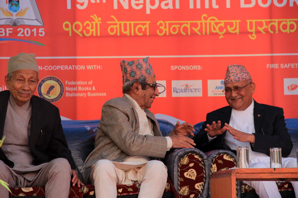 Writer Satya Mohan Joshi, poet Madhav Prasad Ghimire and politician KP Oli at the inauguration ceremony of a week-long book exhibition that began in Kathmandu on Friday.