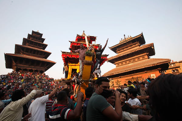 Devotees pull a chariot carrying the idol of Bhairab to mark the Bisket festival in Bhaktapur on Monday.