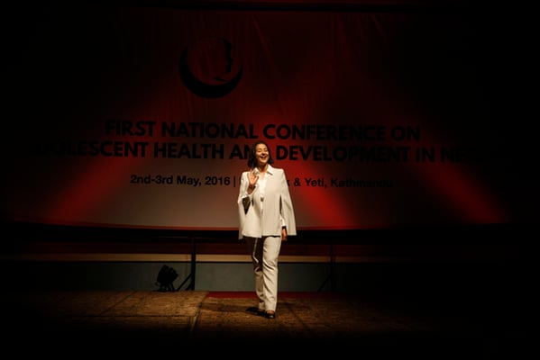 Manisha Koirala shares her life experiences during the First National Adolescent Health and Development Conference in Hotel Yak & Yeti on Tuesday.
