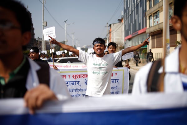People participate in a rally organised by the Solidarity for Govinda KC alliance in Baneshwor on Saturday.