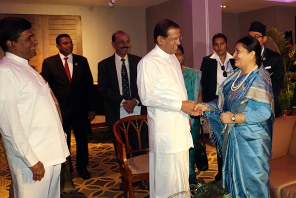 President Bidya Devi Bhandari attends a tea reception hosted by Sri Lankan President Maithripala Sirisena at his official residence in Colombo on Monday.