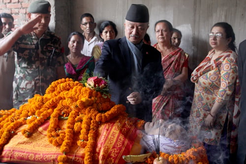 Constituent Assembly (CA) Chair Subhas Nembang pays his last respects to former Supreme Court (SC) judge Bharat Raj Upreti, who committed suicide Sunday night.