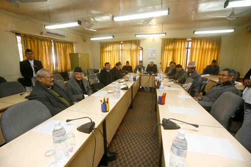 The major political parties attend a meeting at Singha Darbar on Sunday.