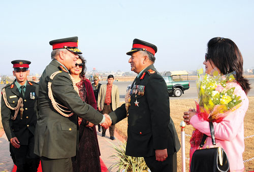HEAVY HANDSHAKE: Chief of Army Staff Gaurav Shumsher Rana (left) is greeted by Chief of General Staff Lt Gen Nepal Bhusan Chand (right) at Tribhuwan International Airport on Tuesday afternoon after Rana returned from his 10-day official visit to India.