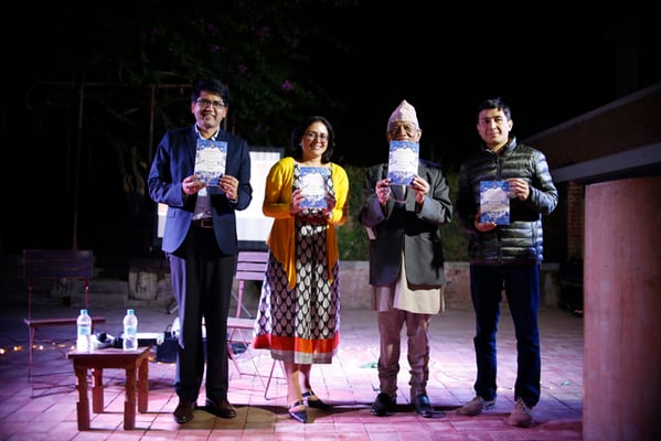 Manjushree Thapa with litterateur Bairagi Kainla (third from left) during the launch of There's a Carnival Today, translation of Indra B Rai's 1958 novel, at the Patan Museum on Friday.