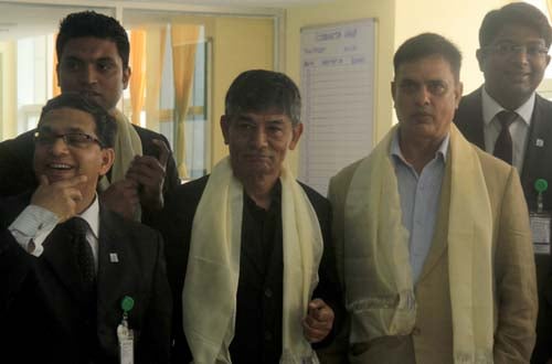 Actors Madan Krishna Shrestha and Hari Bansha Acharya during the inauguration of Siddhartha ward at Grande Hospital on Thursday.