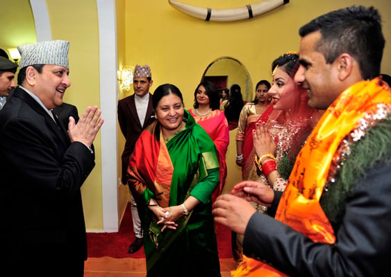 Former king Gyanendra Shah attends the wedding reception of President Bidya Devi Bhandari's daughter Nisha Kusum Bhandari at Shital Niwas on Monday. Nisha Kusum tied the knot with former president Ram Baran Yadav's grandson Abhishek Yadav.