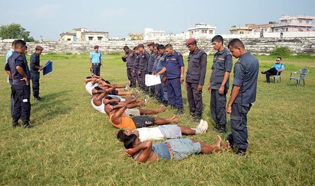 The selection process of temporary police in Birjung on Monday. Nepal is hiring 75,000 temporary police personnel for provincial and parliamentary elections to be held on on 26 November and 7 December respectively.