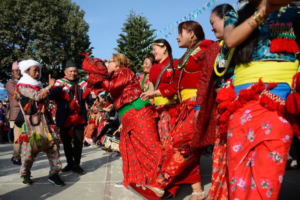 Members of the Kirat community perform the traditional sakela dance during Udhauli Parva celebrations in Lalitpur on Sunday.