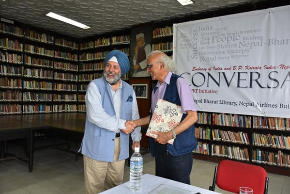 Dr Abhi Subedi and Indian Ambassador to Nepal Manjeev Singh Puri during a talk program organised by the Embassy of India to mark the 103rd Birth Anniversary of Late prime minister BP Koirala at Nepal-Bharat Library in Kathmandu on Monday.