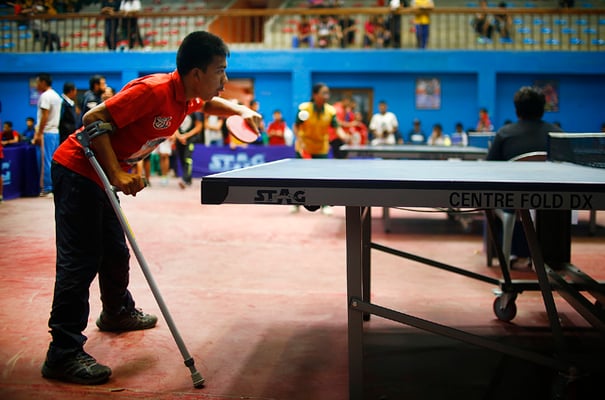 16-year-old Shiva Thapa of East Pole Secondary School participates in the open inter-school table tennis tournament being held at Lainchaur on Saturday.