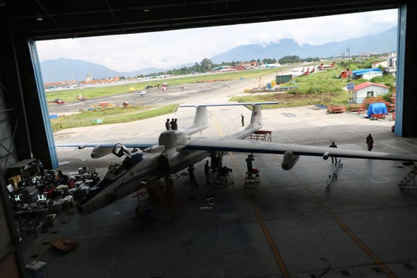 The M55 Geophysica aircraft at Kathmandu Airport on Friday preparing to fly 21km above the Himalaya to analyse the impact of pollution on the South Asian monsoon.