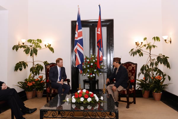 Britain's Prince Harry meets Deputy PM and Minister of Foreign Affairs Kamal Thapa before attending a reception hosted by Thapa on Saturday.